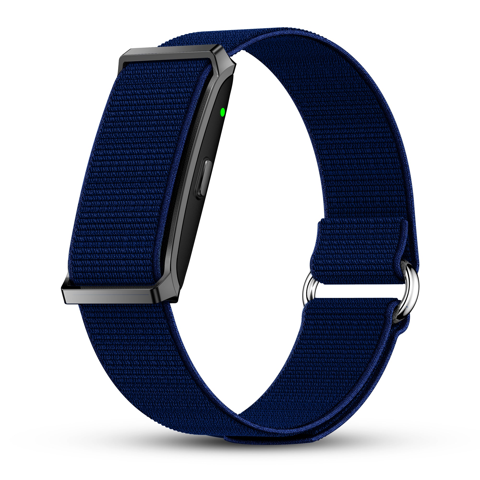Pebble Qore smart fitness band in midnight blue with health tracking display